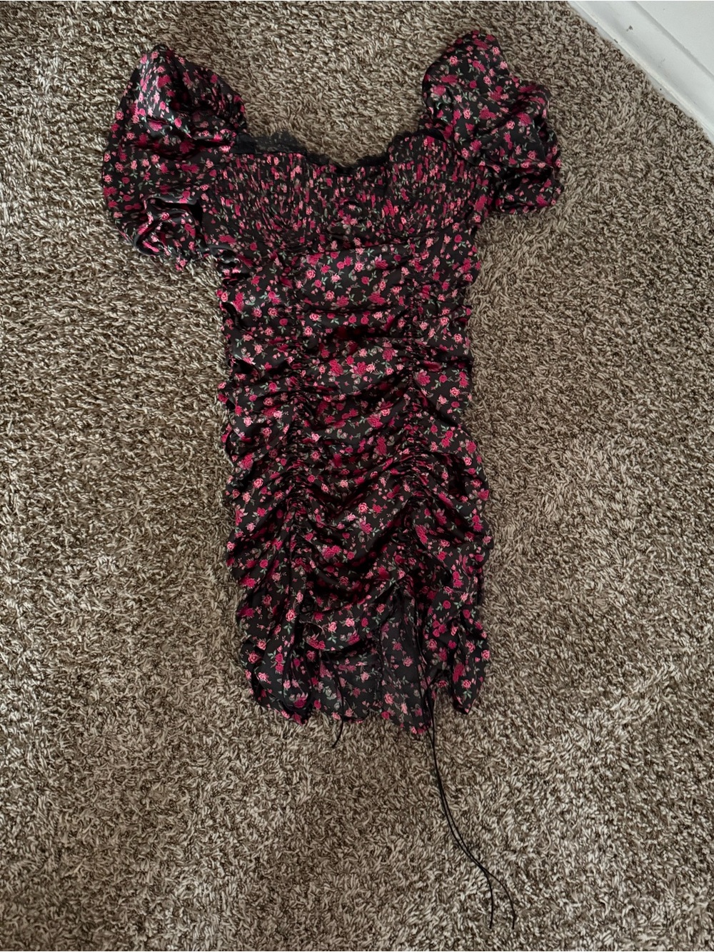 For Love & Lemons Black Mini Dress with Pink Floral Print